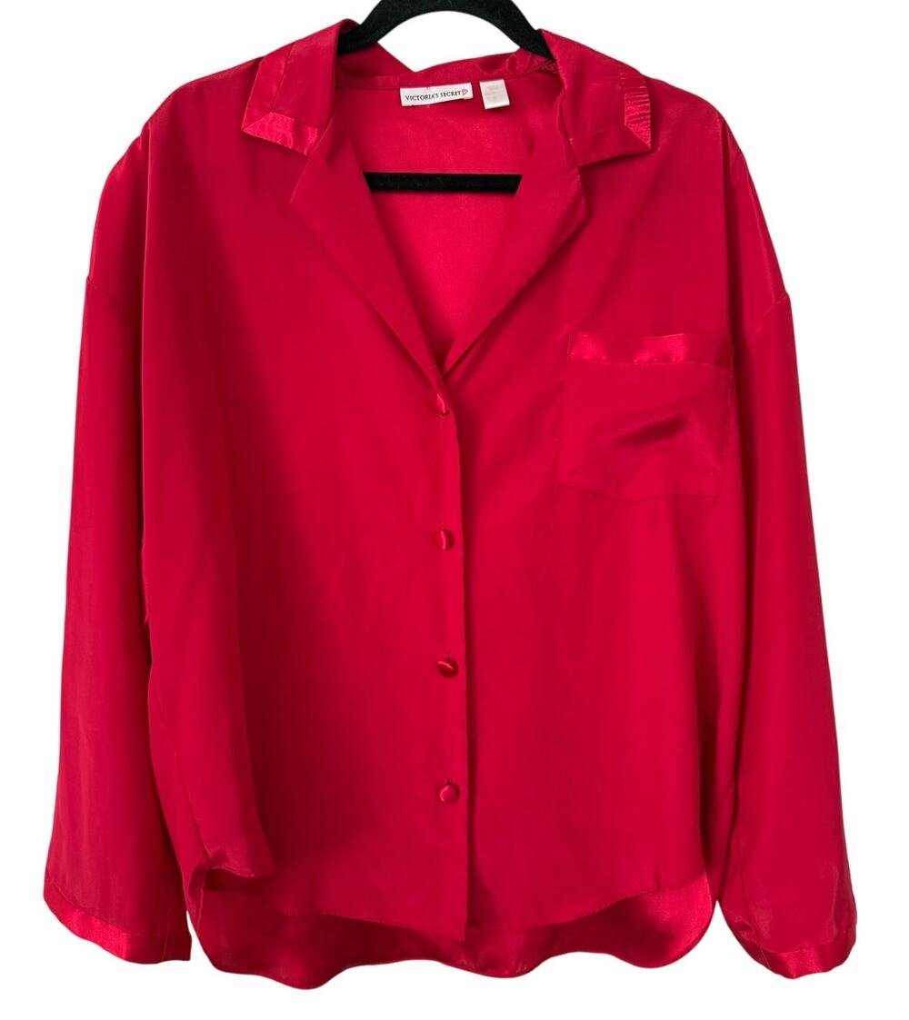 Vintage Victoria's Secret Red Satin Long Sleeve Button Down Pajama Top Medium
